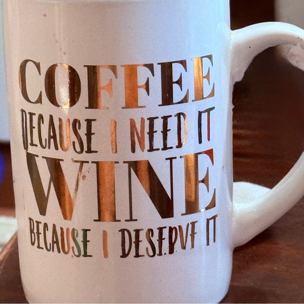 White Ceramic Coffee Mug with Gold Text
